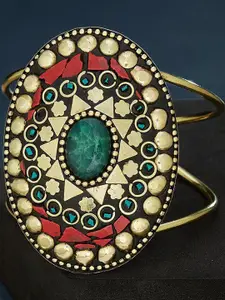 Anouk Gold Plated & Multicolour Stone Studded Oval Shaped Cuff Bangle