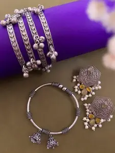 Anouk Sangria Set of 5 German Silver Plated & Mustard Stone Ghunghroo Bangles & Jhumkas