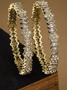 Anouk Set of 2 Gold Plated & white Stone Studded floral shaped Textured Bangles