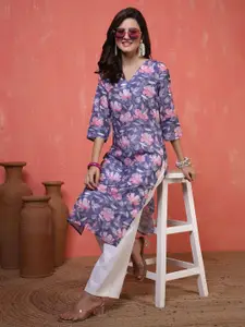 Anouk Rustic Floral Printed V-Neck Chanderi Silk Kurta