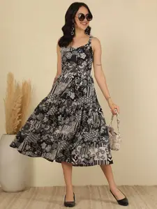 Nayo Women Floral Print Shoulder Straps Fit & Flare Midi Dress