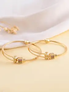 VOJ Set Of 2 Stainless Steel Gold-Plated Artificial Stones Studded Cuff Bracelets