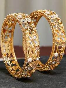 Anouk Gold Plated & Floral Textured Round Shaped Kundan Stone Studded Bangle set