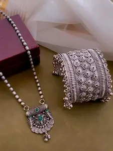 Anouk Sangria Set of 2 German Silver Plated & Green Stone Studded floral shaped Bangle & Necklace