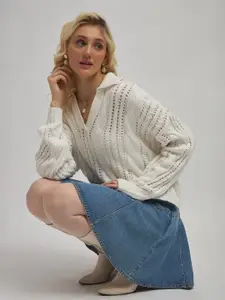 Virgio Women Cotton Shirt Collar Regular Long Sleeves Ribbed Pullover Sweater