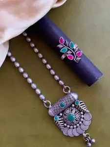 Anouk Sangria Set of 2 German Silver Plated & Multi Stone Studded floral shaped Ring & Necklace