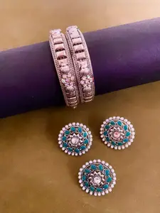 Anouk Sangria Set of 4 German Silver Plated & Turquoise Stone Studded Bangles-Earrings-Ring