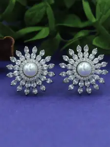 Adwitiya Collection Rhodium-Plated Pearls Beaded Circular Shaped Studs