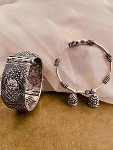 Anouk Sangria Set of 2 German Silver Plated & Floral Shaped Kada Bangle set with Jhumki Drop