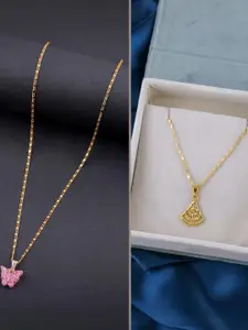 DressBerry Set of 2 Pink Gold Plated Artificial Beads Beaded Butterfly Pendant Chains