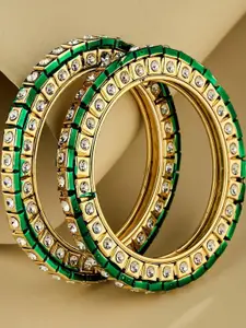 Anouk Set Of 2 Gold Plated &-Green- White kundan stone- studded round-square shaped bangles