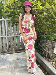 TANDUL Women Floral Print Halter Neck Maxi Straight Dress