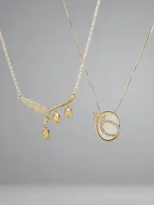 Anouk set of 2 gold plated & white cubic zirconia stone-studded floral-shaped delicate necklaces