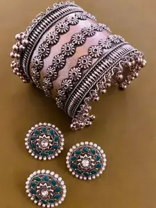 Anouk Sangria Set of 3 German Silver Plated & Turquoise Stone Studded Bangle, Earrrings & Rings