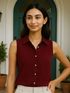 all about you Women Solid Red Shirt Style Sleeveless  Top