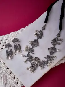 Anouk Sangria Oxidised Silver-Plated German Silver Barrat Inspired Necklace set with Beads Drop