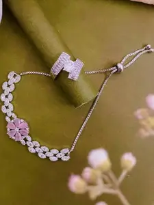 Anouk Set of 2 White Cubic Zirconia Stone Studded & Floral Shaped Bracelet & Ring