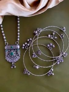Anouk Sangria Set of 5 German Silver Plated & Green Stone Studded floral shaped Bangle & Necklace