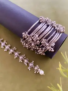 Anouk Sangria Set of 13 German Silver Plated & Ghunghroo Stone Studded Bangles & Maangtikka