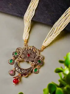 Anouk Gold Plated & Multicloured Stone Studded & White stone Beaded Pendant Necklace