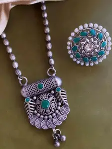 Anouk Sangria Set of 2 German Silver Plated & Green Stone Studded floral shaped Ring & Necklace