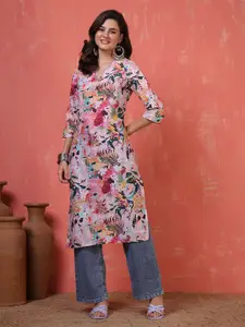 Anouk Rustic Floral Printed V-Neck Chanderi Silk Kurta