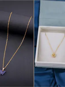 DressBerry Set of 2 Blue Gold Plated Artificial Beads Beaded Butterfly Pendant Chains