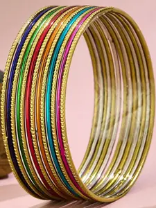 Anouk Set of 12 Gold Plated & Multicoloured Textured Classic Bangles