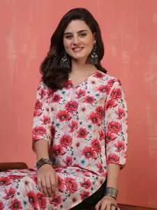 Anouk Rustic Women Floral Printed V Neck Chanderi Silk Straight Kurta