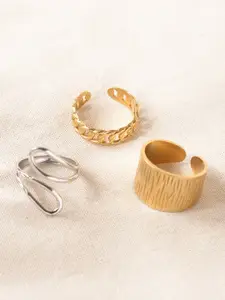 Niska Set Of 3 Gold Plated Textured Adjustable Finger Rings