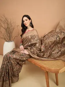 Saree mall Floral Kantha Work Silk Blend Tussar Sarees