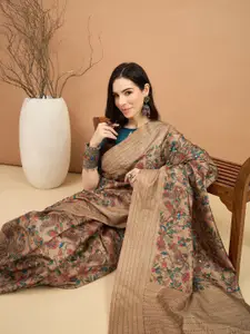 Saree mall Floral Kantha Work Silk Blend Tussar Sarees
