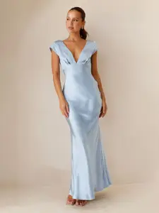 bebe Blue Plunge V-neck Cap Sleeve Sheath Maxi Dress