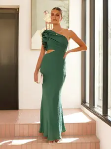 bebe Green One-shoulder Ruffle Side Cutout Maxi Dress
