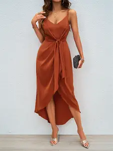 bebe Brown Spaghetti Strap Front Tie High-Low Hem Maxi Dress