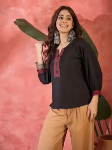 Sangria Round Neck Bell Sleeves Tops