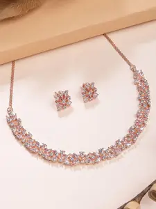 KARATCART Rose Gold Plated American Diamond Floral Necklace Set For Women