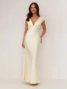 bebe Cream Plunge V-neck Cap Sleeve Sheath Maxi Dress