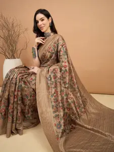 Saree mall Floral Kantha Work Silk Blend Tussar Sarees