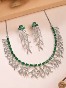 KARATCART Silver Plated Green American Diamond Leaf Necklace Set