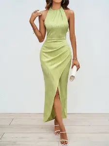 bebe Green Halter Neck Draped Open Back Bodycon Midi Dress