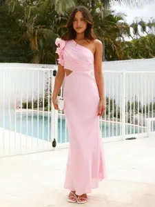 bebe Pink One-shoulder Ruffle Side Cutout Maxi Dress