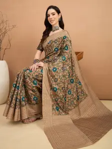 Saree mall Floral Kantha Work Silk Blend Tussar Sarees