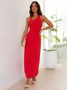 bebe Red Asymmetric Halter Neck Maxi Dress