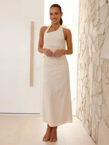 bebe Off-White Asymmetric Halter Neck Maxi Dress