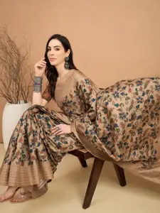 Saree mall Floral Kantha Work Silk Blend Tussar Sarees