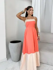 bebe Orange and cream Colorblocked Spaghetti Strap Ruffle Hem Maxi Dress