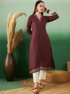 Sangria Women Solid Embroidered V Neck Kurta