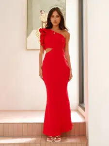 bebe Red One-shoulder Ruffle Side Cutout Maxi Dress