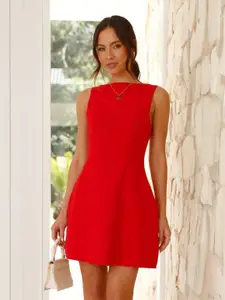 bebe Red Sleeveless Boat Neck Fit & Flare Mini Dress
